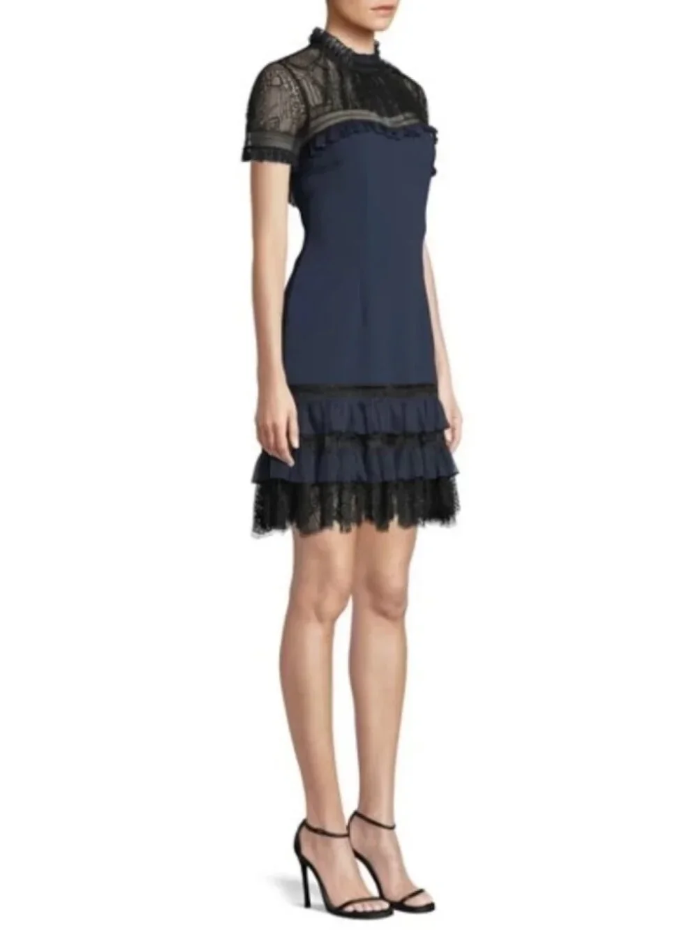JONATHAN Simkai Navy Black Mock Neck Plisse Tulle Mini Cocktail Dress NW…